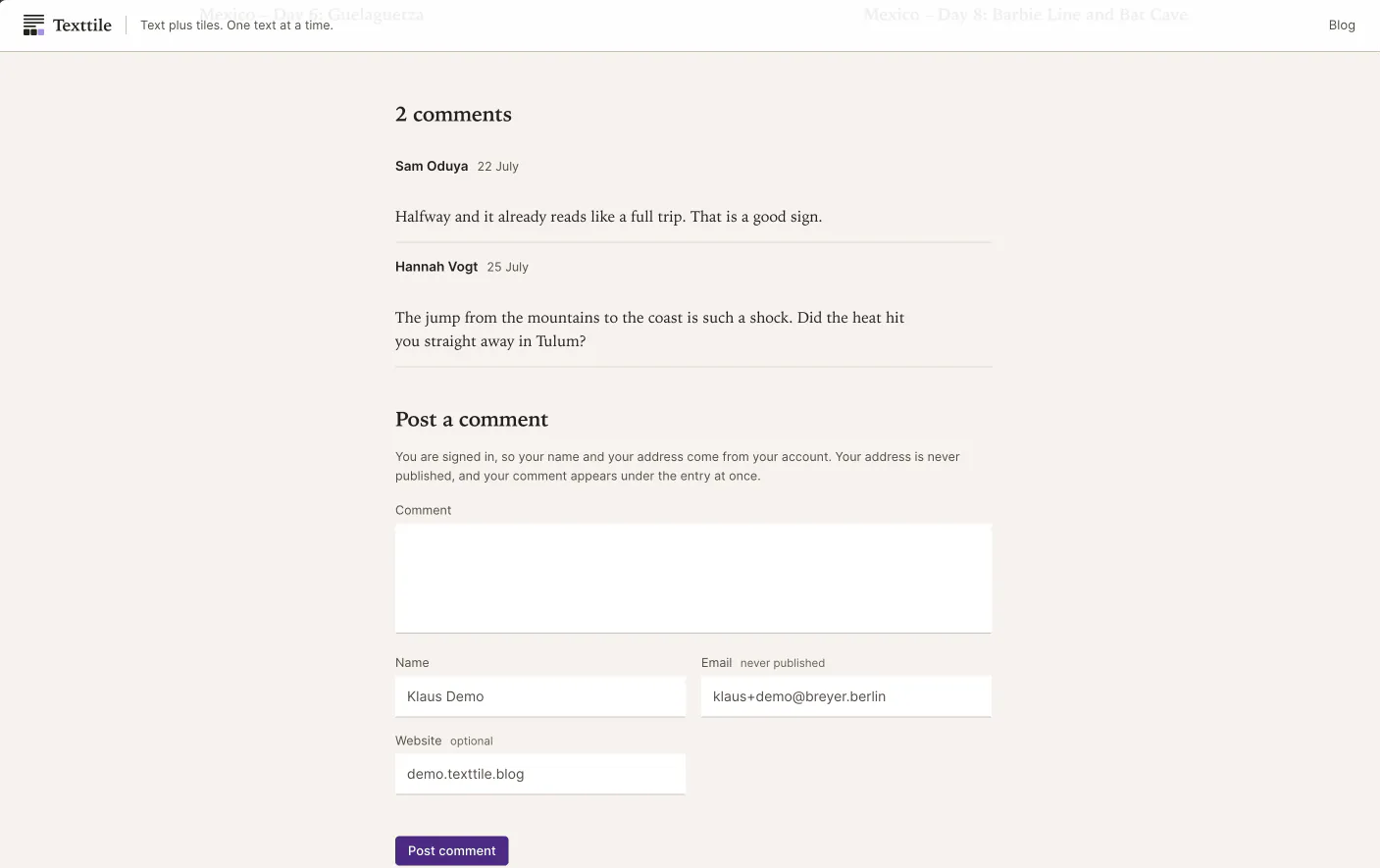 Two comments under an entry, and the form to post the next one.