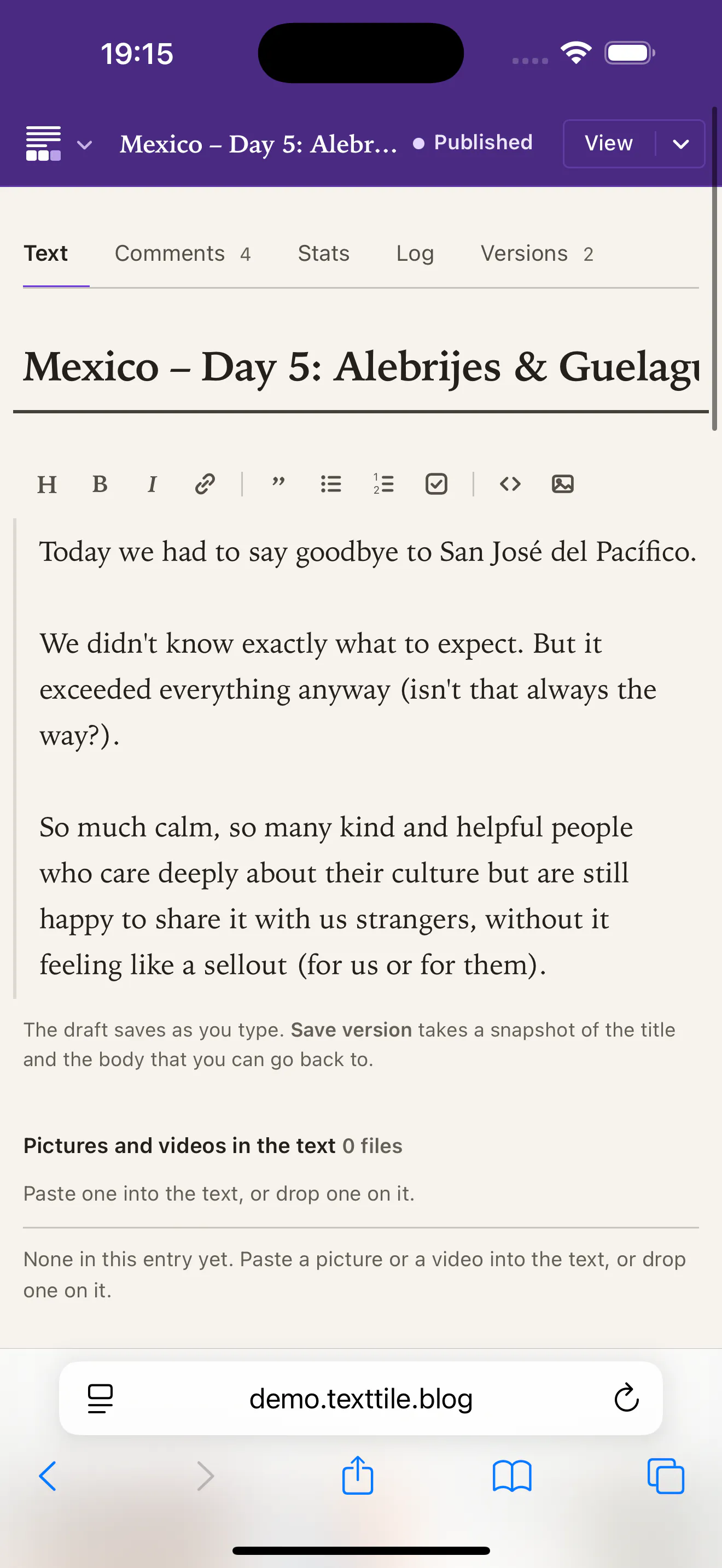 The editor on a phone, with an entry open.
